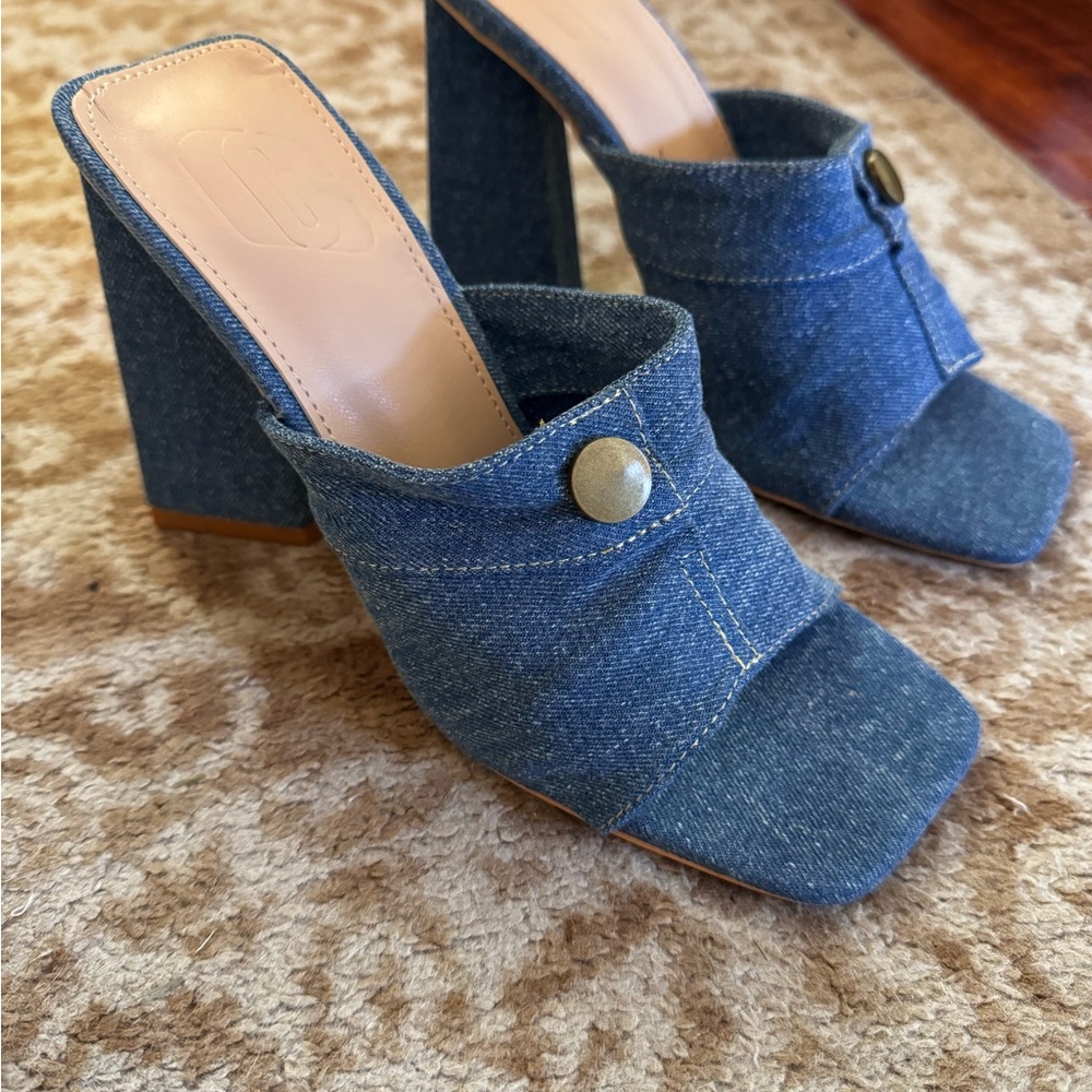 Denim Slide Mules with Block Heel - Blue - Picture 2 of 9